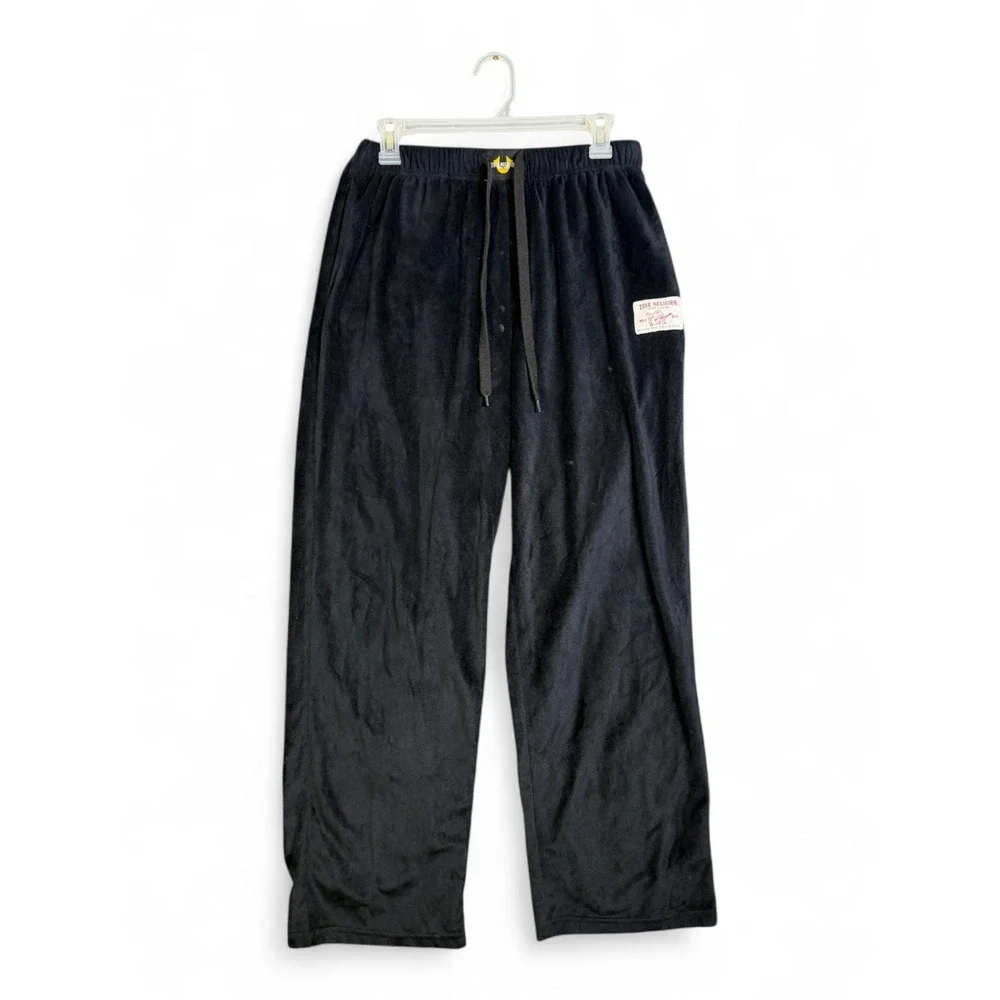 True Religion Mens Velour Lounge Pants Black Straight Leg Drawstring Medium